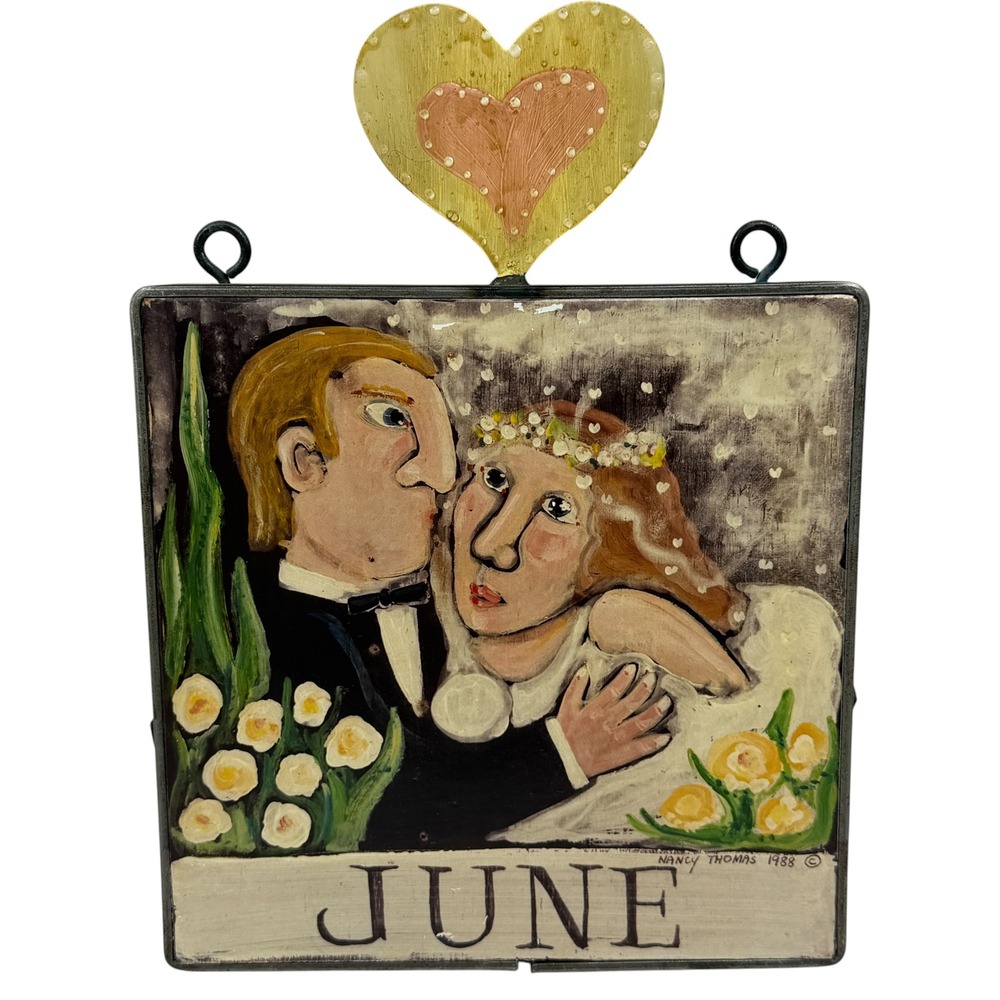 Nancy Thomas 1988 June Wedding Folk Art Plaque Heart Topper Wood Wall Decor 8x8"